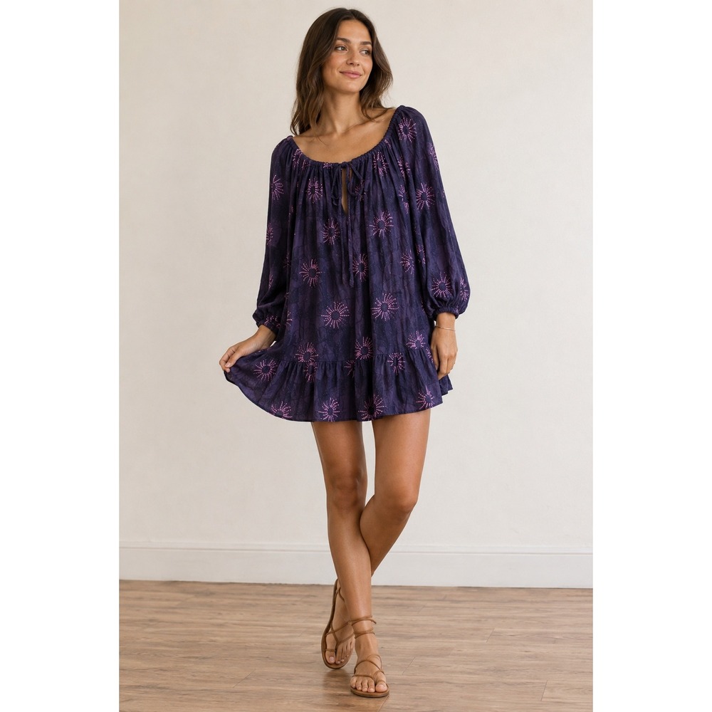 Omika Navy Purple Pink Starburst Modal Tunic Dress Tie Back Boho Small NWT